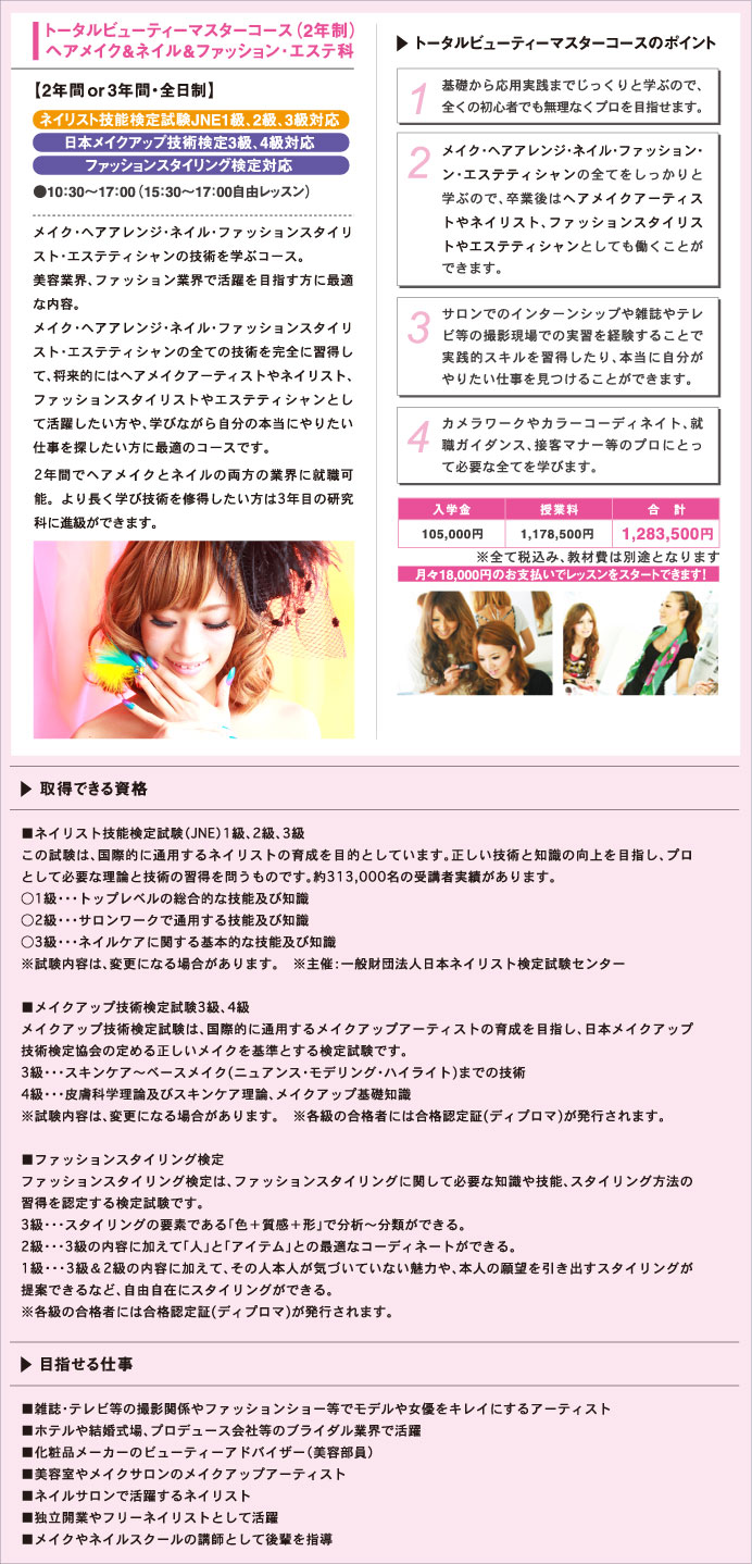 トータルビューティーマスターコース（ヘアメイク＆ネイル＆ファッション・エステ科）